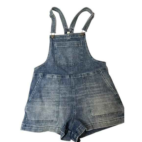 Aerie Denim Bib Overalls Shorts Floral Embroidered Pocket Size Small Romper - Picture 2 of 5